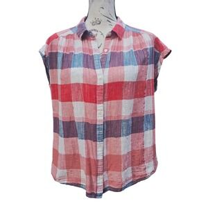 Lucky Brand -1516 Sleeveless Top Large Red‎ Blue Plaid Button Up Casual Shirt